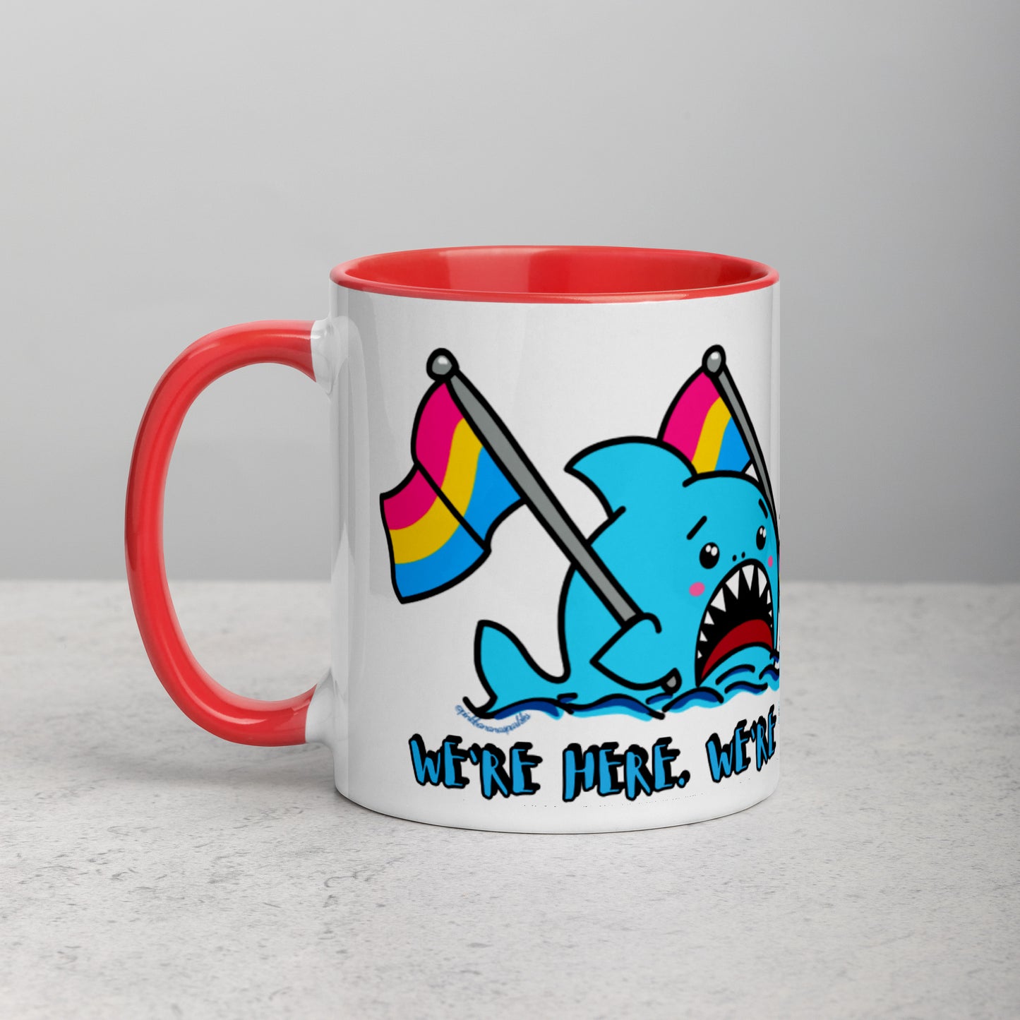 "We're Here..." Anxious Shark Mug with Pansexual Pride Flags (11oz)