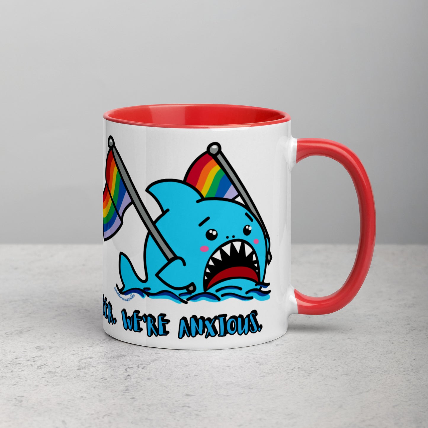 "We're Here.." -Anxious Shark, with Basic Rainbow Pride Flag Mug (11oz)