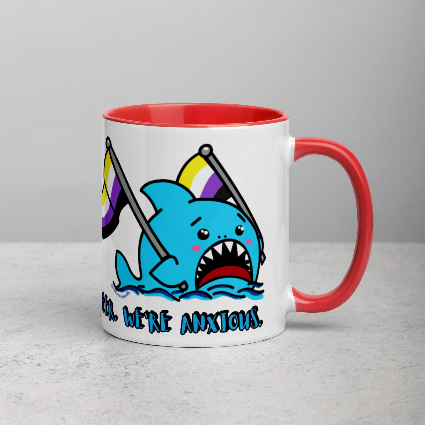 "We're Here..." Anxious Shark Mug with Non-Binary Pride Flag (11oz)