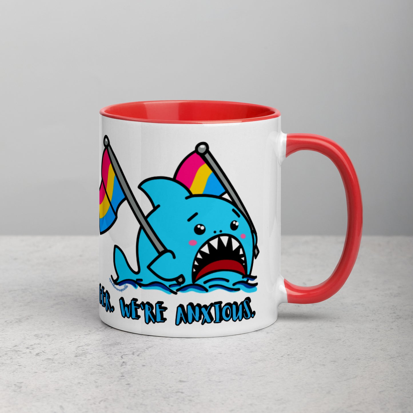 "We're Here..." Anxious Shark Mug with Pansexual Pride Flags (11oz)