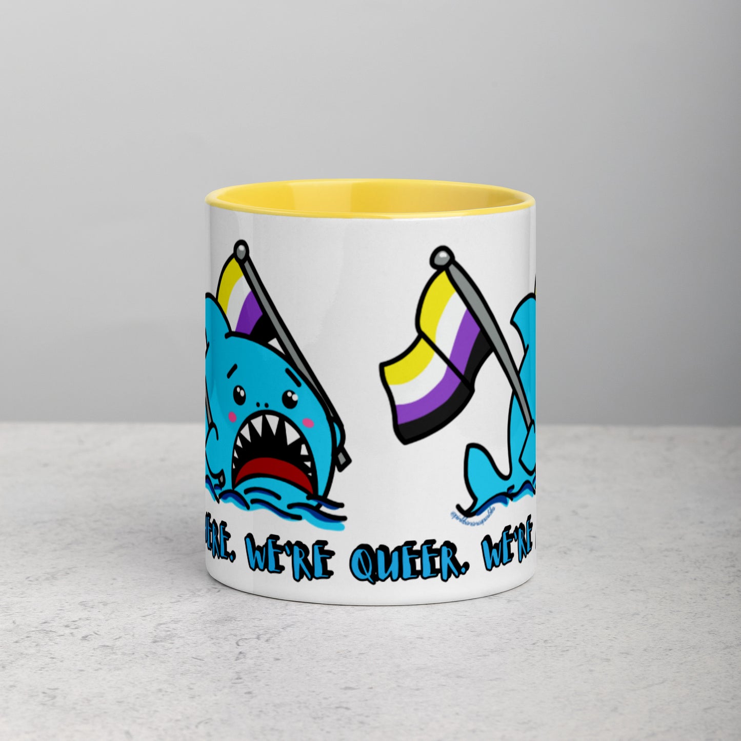 "We're Here..." Anxious Shark Mug with Non-Binary Pride Flag (11oz)