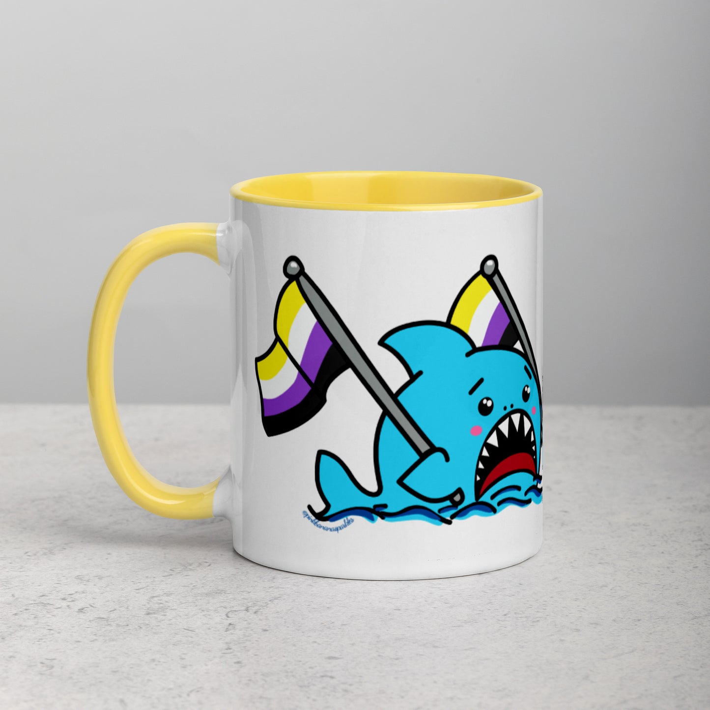Anxious Shark Mug with Non-Binary Pride Flag (11oz)