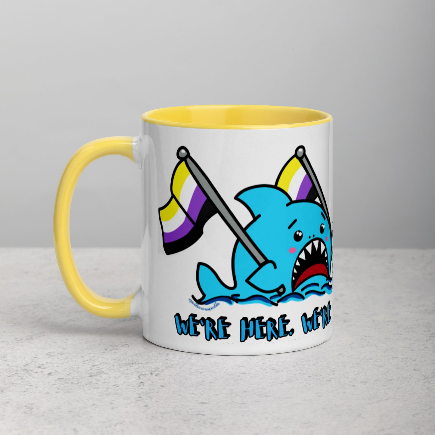 "We're Here..." Anxious Shark Mug with Non-Binary Pride Flag (11oz)