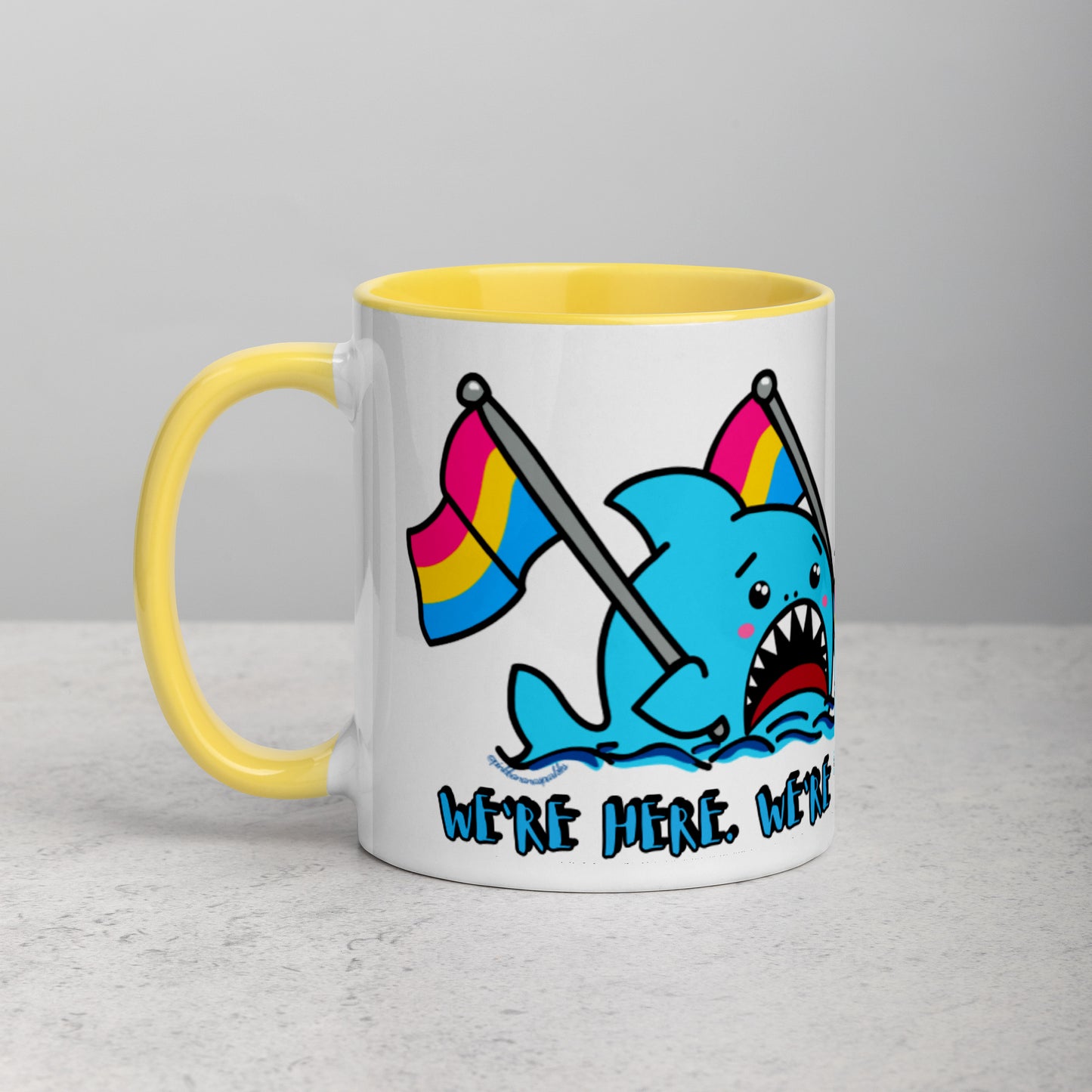 "We're Here..." Anxious Shark Mug with Pansexual Pride Flags (11oz)