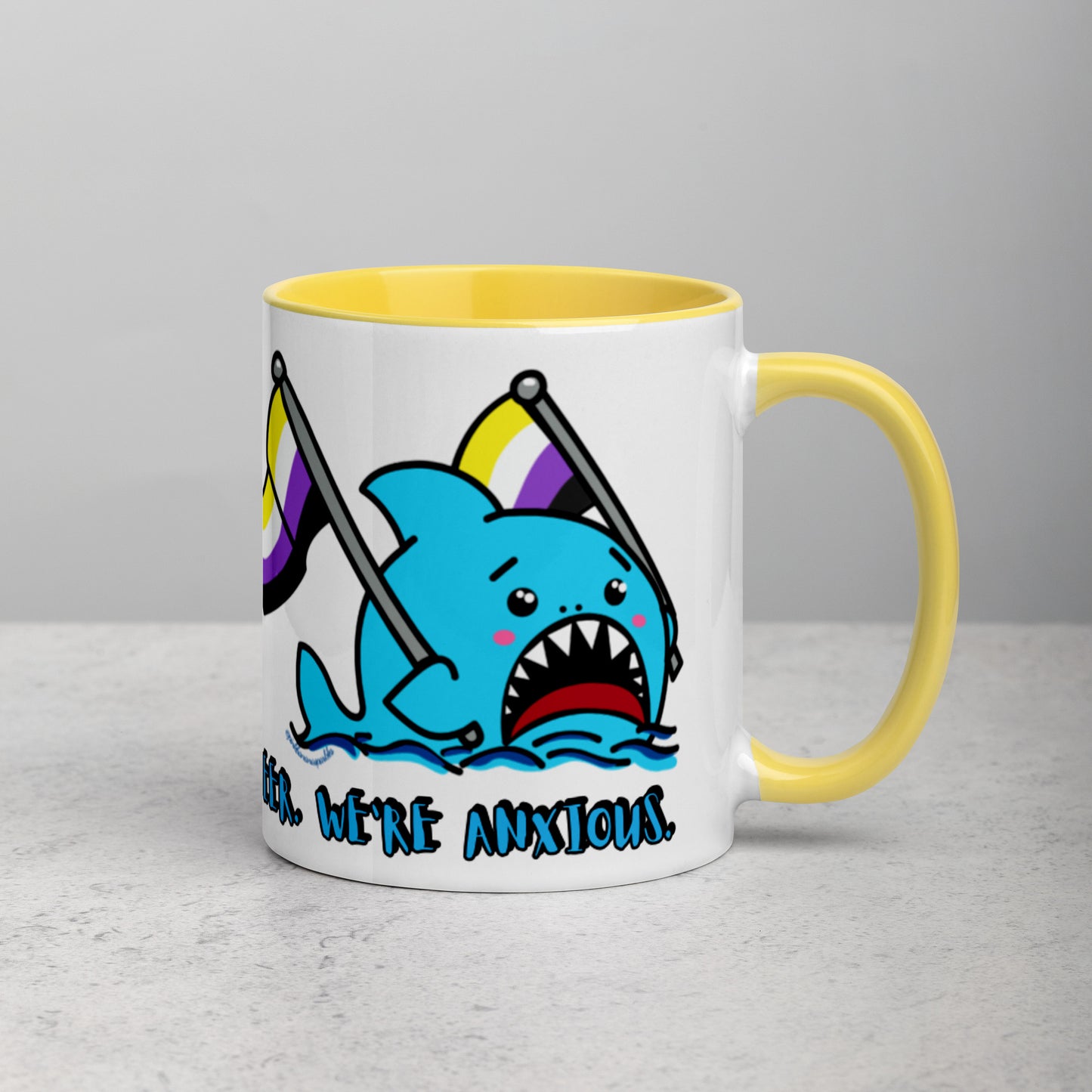 "We're Here..." Anxious Shark Mug with Non-Binary Pride Flag (11oz)