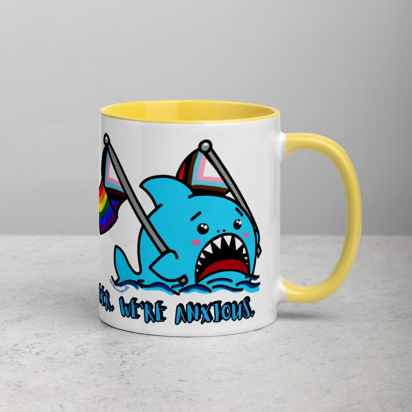 "We're Here..." Anxious Shark with Inclusive Rainbow Pride Flag Mug (11oz)