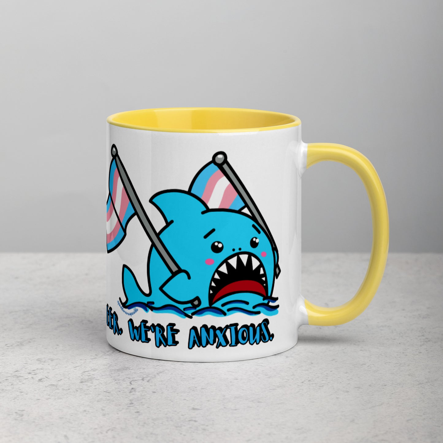 "We're Here..." Anxious Shark Mug with Transgender Pride Flag (11oz)