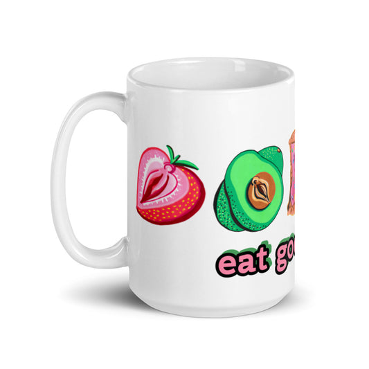 "Eat Good Food" Food Vulvas Mug- white, 15oz.