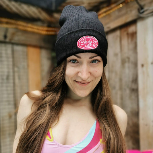 Embrace Body Love Logo, Ribbed knit beanie- Pink Logo