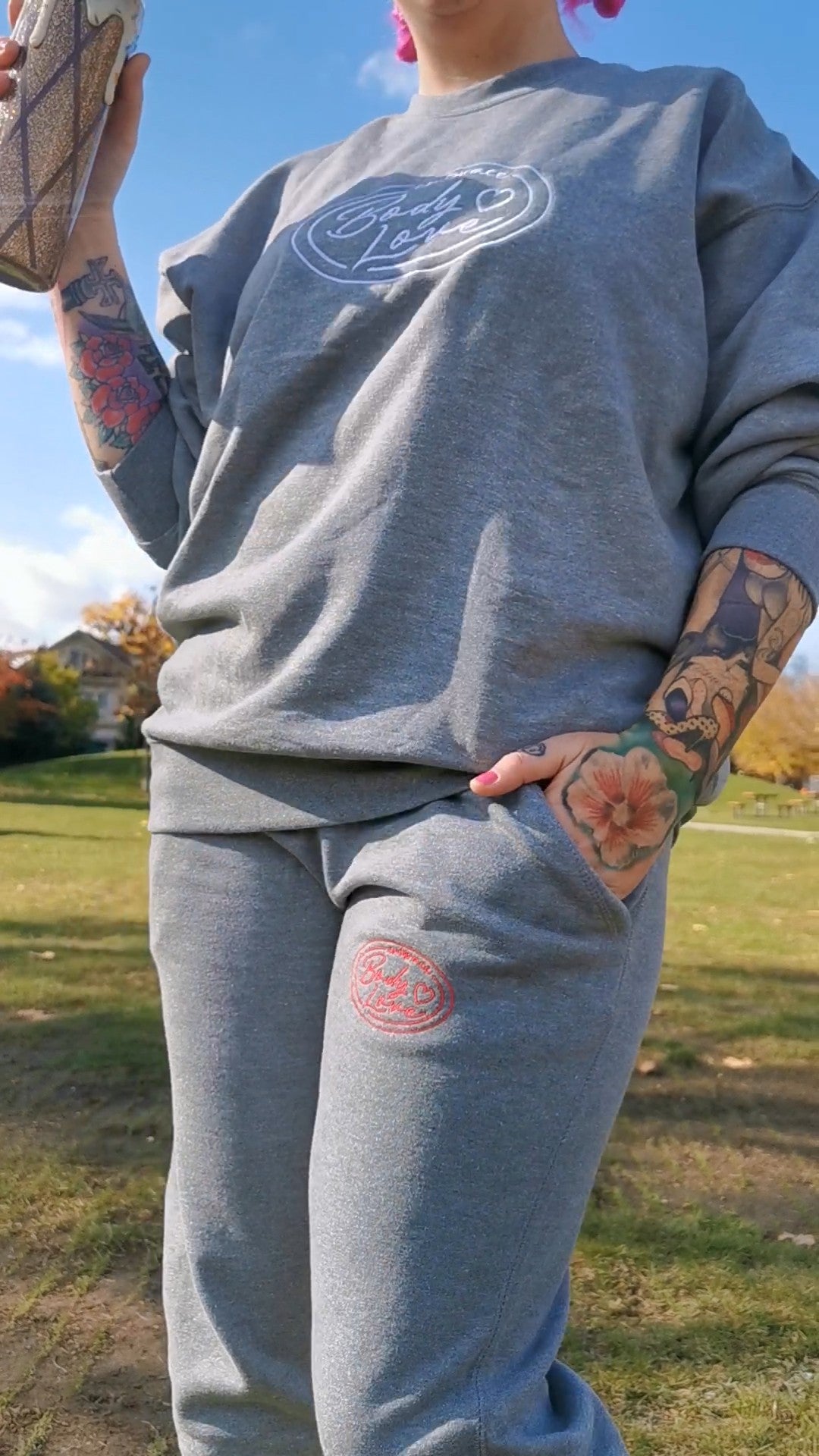 Embrace Body Love Logo Genderless Fleece Sweatpants- Embroidered, pink logo