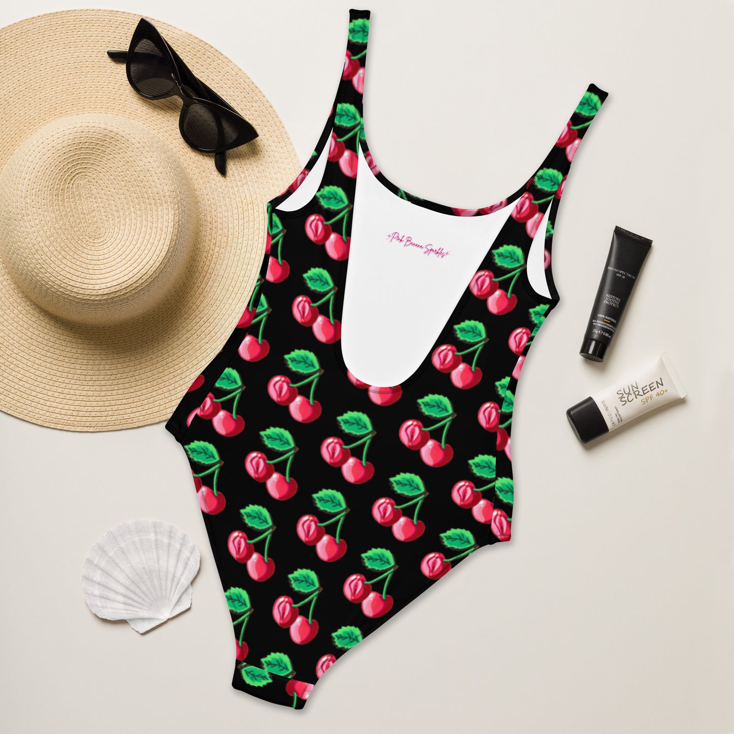 "Cherry on Top" Cherry Vulva- One-Piece Swimsuit, Black