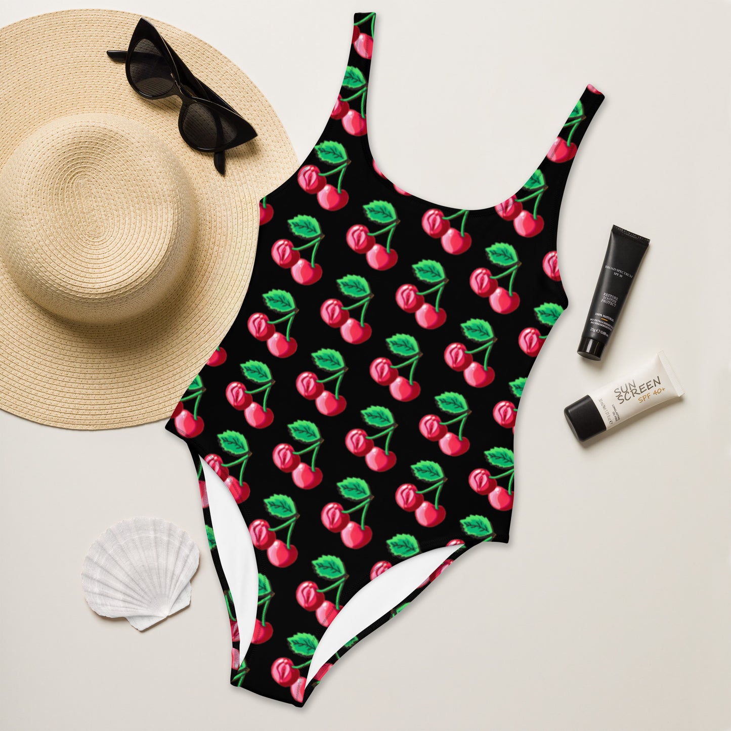 "Cherry on Top" Cherry Vulva- One-Piece Swimsuit, Black