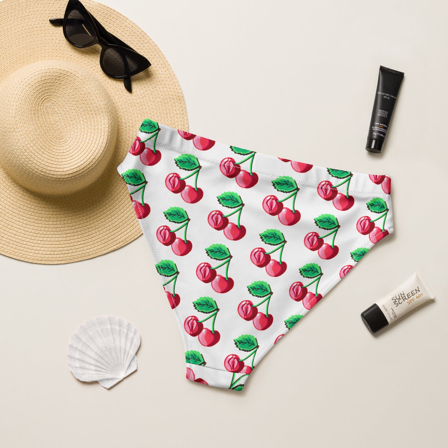 "Cherry On Top" Cherry Vulva, High-waisted Bikini Bottom Separates- Black (Recycled)