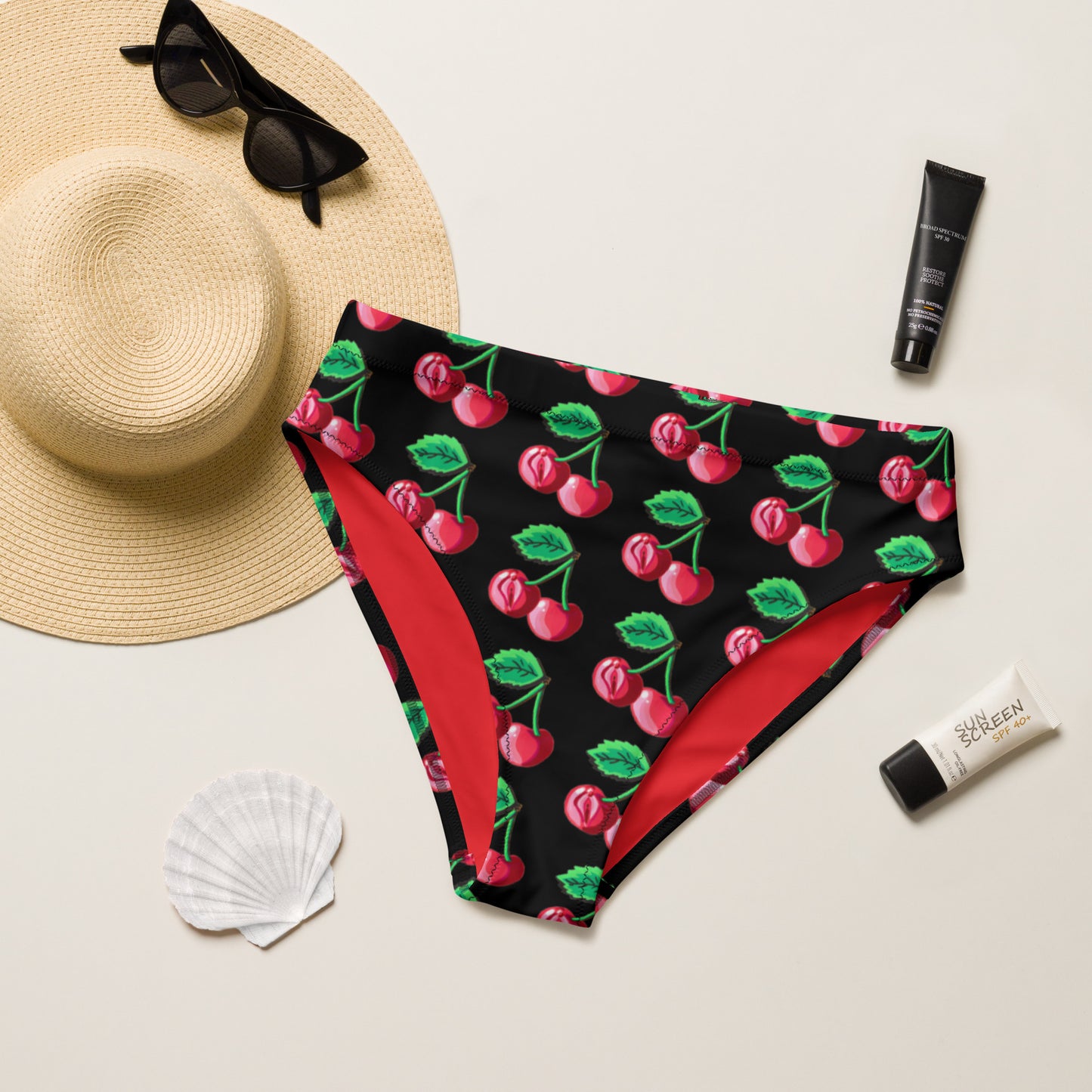 "Cherry On Top" Cherry Vulva- High-Waisted Bikini Bottom Separates, Black (Recycled)