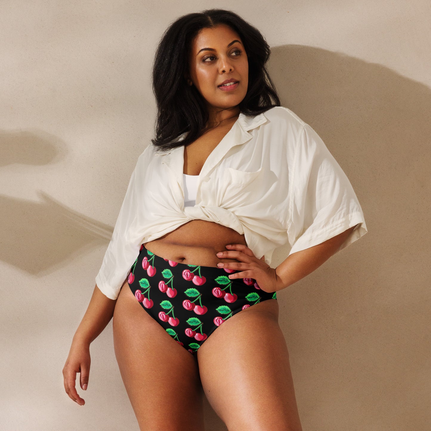 "Cherry On Top" Cherry Vulva- High-Waisted Bikini Bottom Separates, Black (Recycled)
