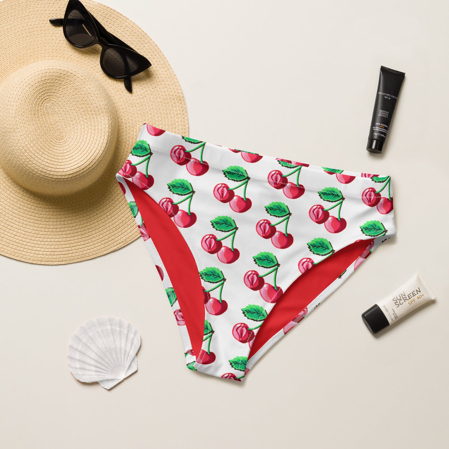 "Cherry On Top" Cherry Vulva, High-waisted Bikini Bottom Separates- Black (Recycled)