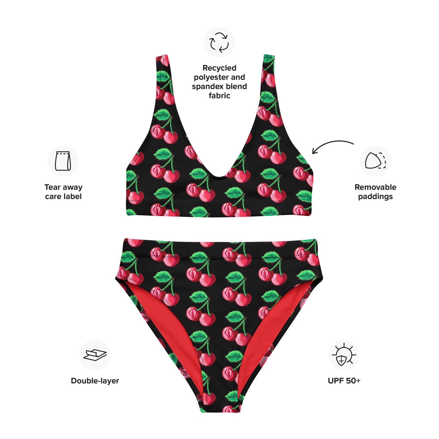 "Cherry on Top" Cherry Vulva- High-waisted Bikini, Black (Recycled)
