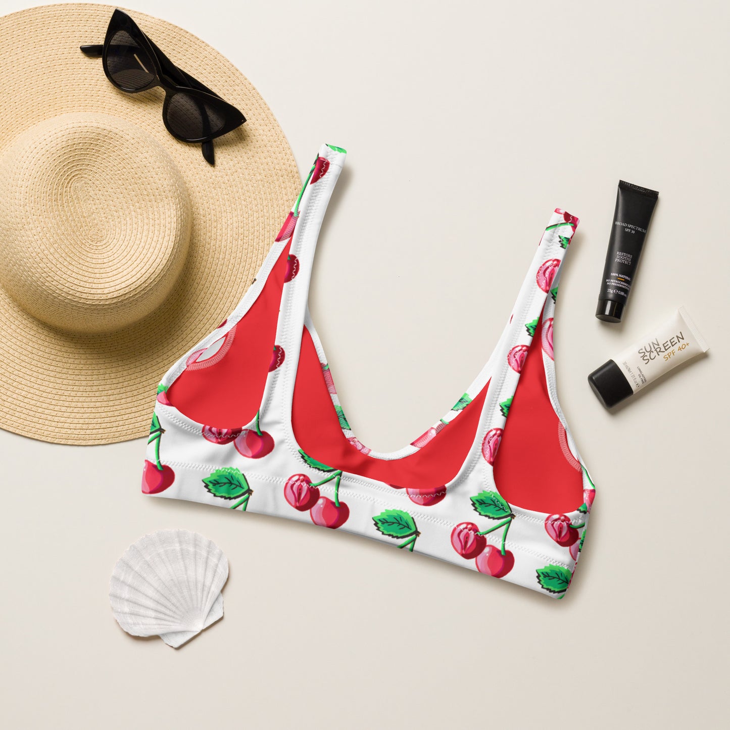 "Cherry On Top" Cherry Vulva- Bikini Separates, Top (White) (Recycled)