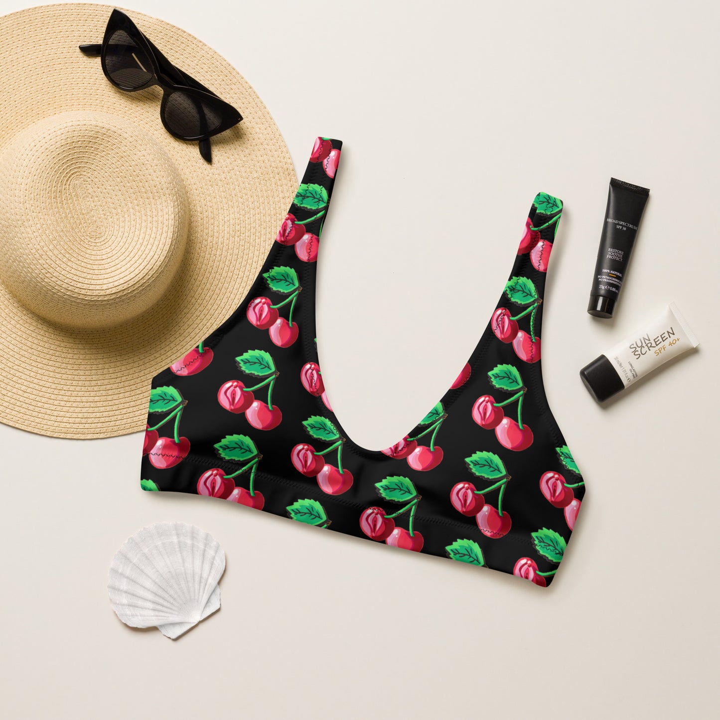 "Cherry On Top" Cherry Vulva- Bikini Separates, Top (Black) (Recycled)