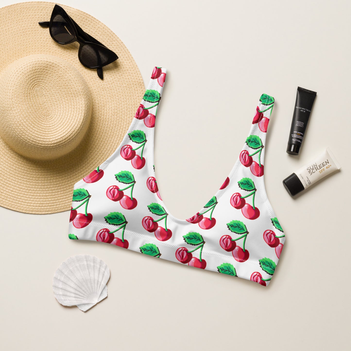 "Cherry On Top" Cherry Vulva- Bikini Separates, Top (White) (Recycled)