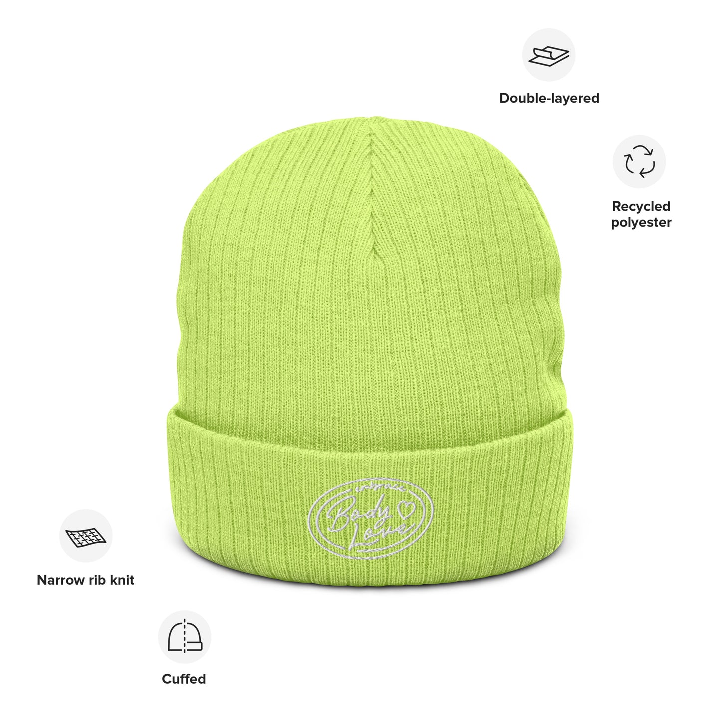 Embrace Body Love Logo, Ribbed knit beanie- White logo