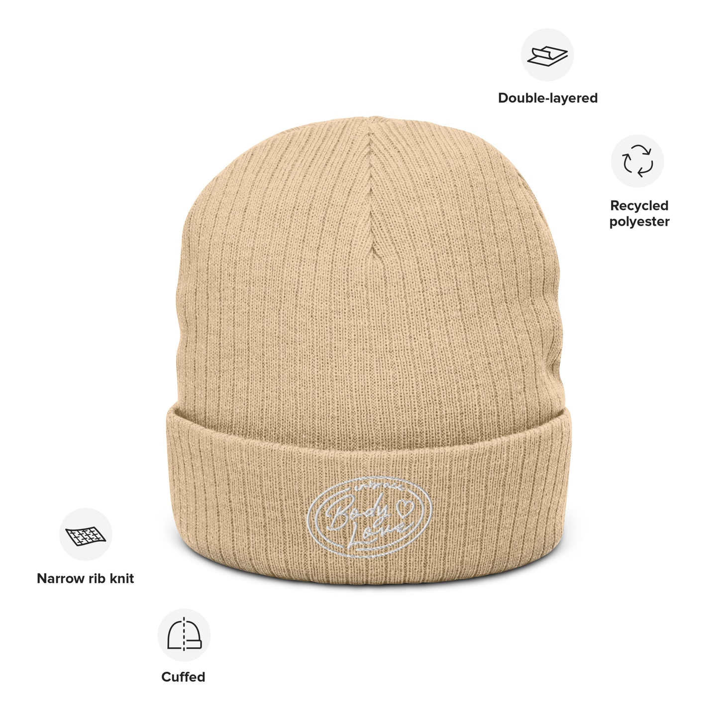 Embrace Body Love Logo, Ribbed knit beanie- White logo