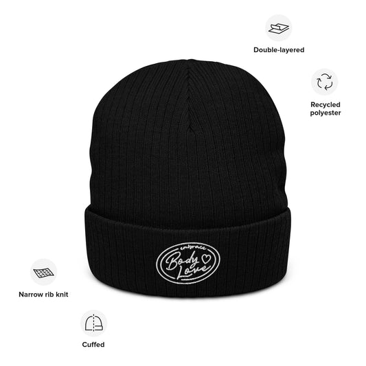 Embrace Body Love Logo, Ribbed knit beanie- White logo
