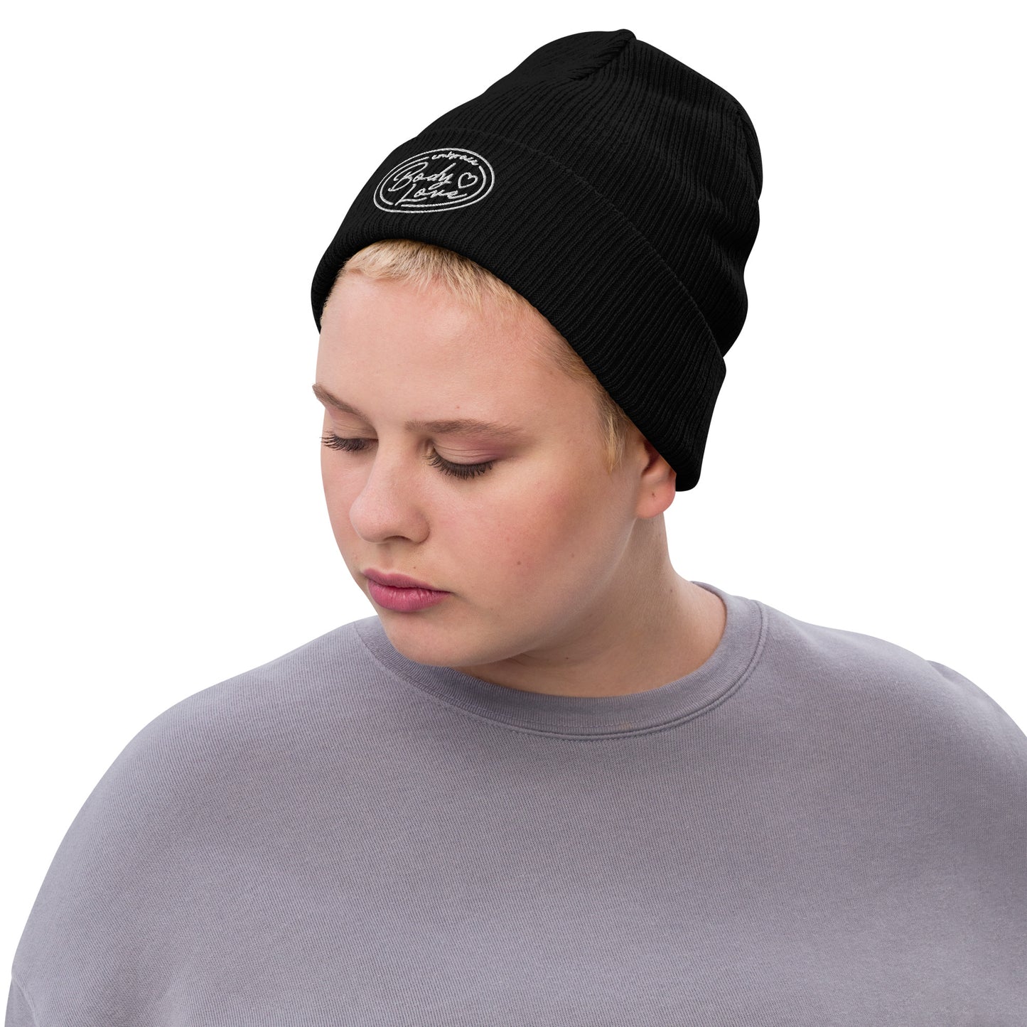 Embrace Body Love Logo, Ribbed knit beanie- White logo