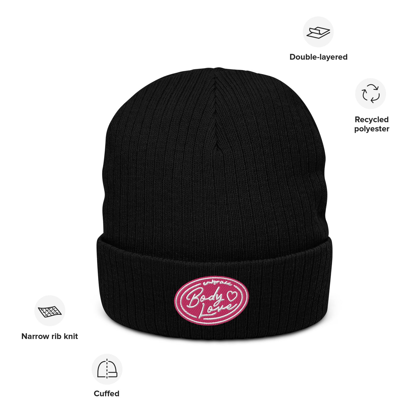 Embrace Body Love Logo, Ribbed knit beanie- Pink Logo