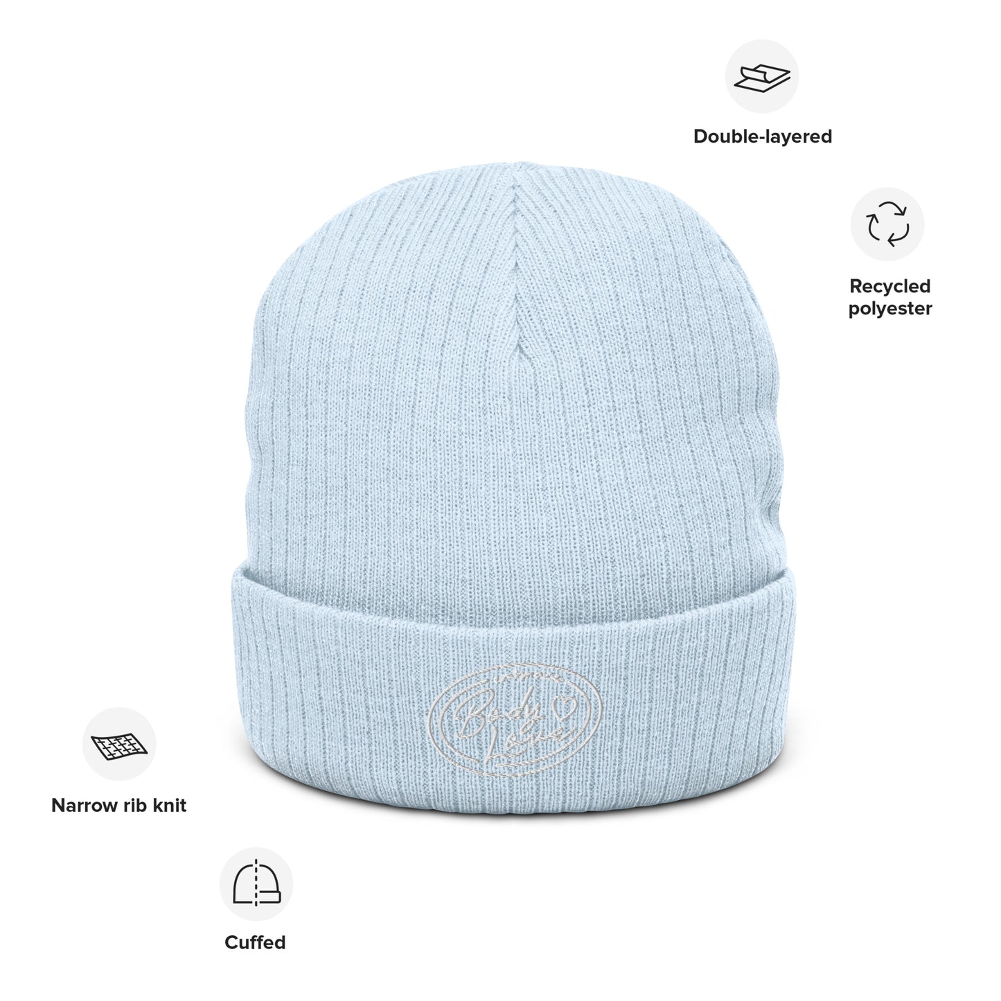 Embrace Body Love Logo, Ribbed knit beanie- White logo