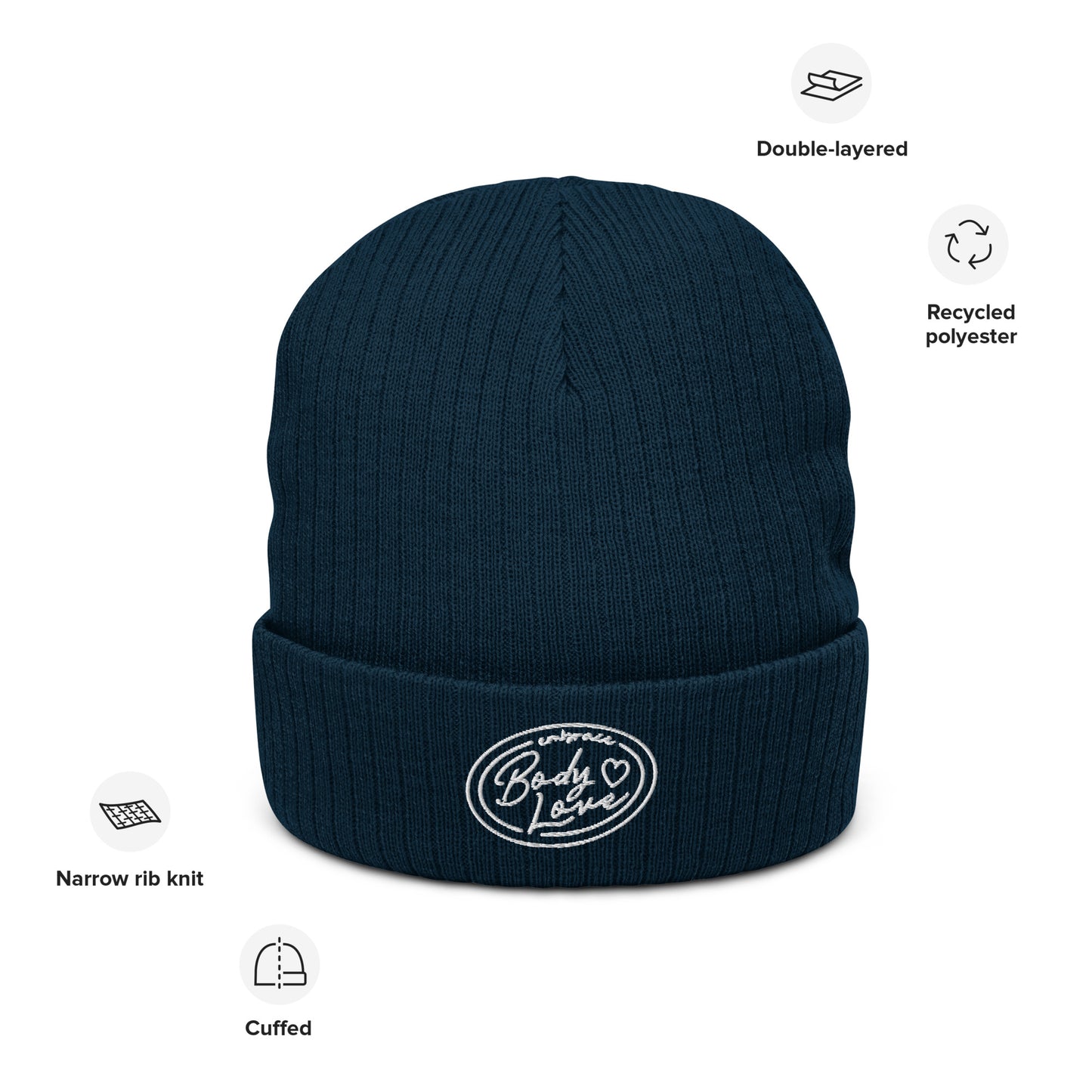 Embrace Body Love Logo, Ribbed knit beanie- White logo
