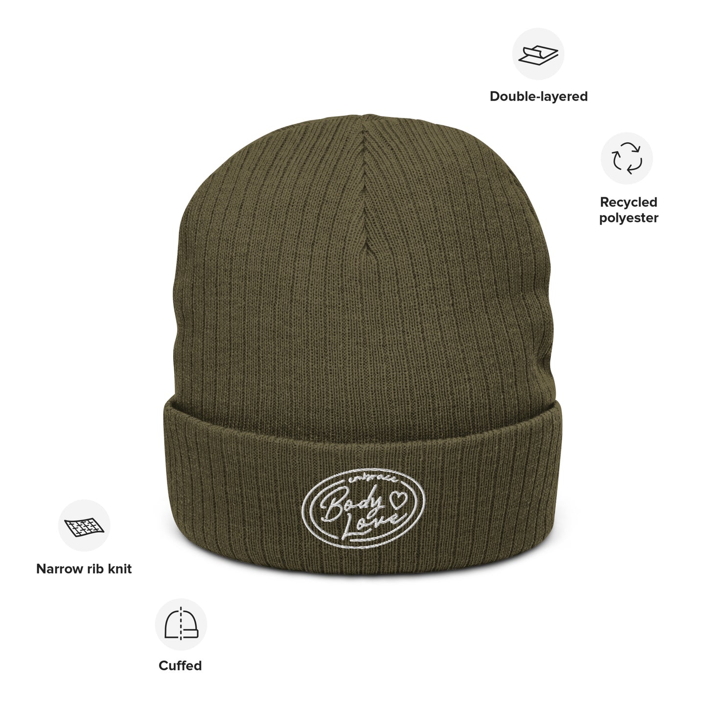 Embrace Body Love Logo, Ribbed knit beanie- White logo