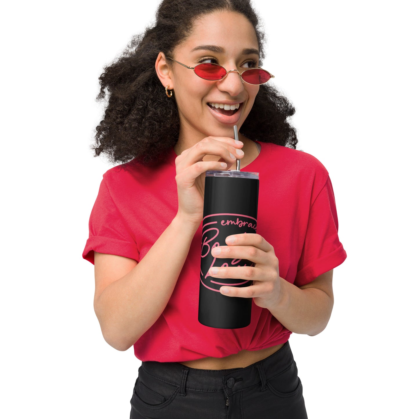Embrace Body Love Logo, Stainless Steel Tumbler- Black with Pink Logo