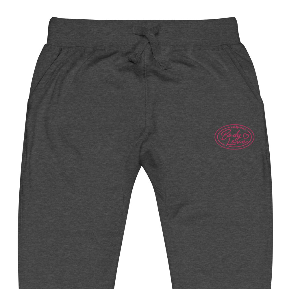 Embrace Body Love Logo Genderless Fleece Sweatpants- Embroidered, pink logo