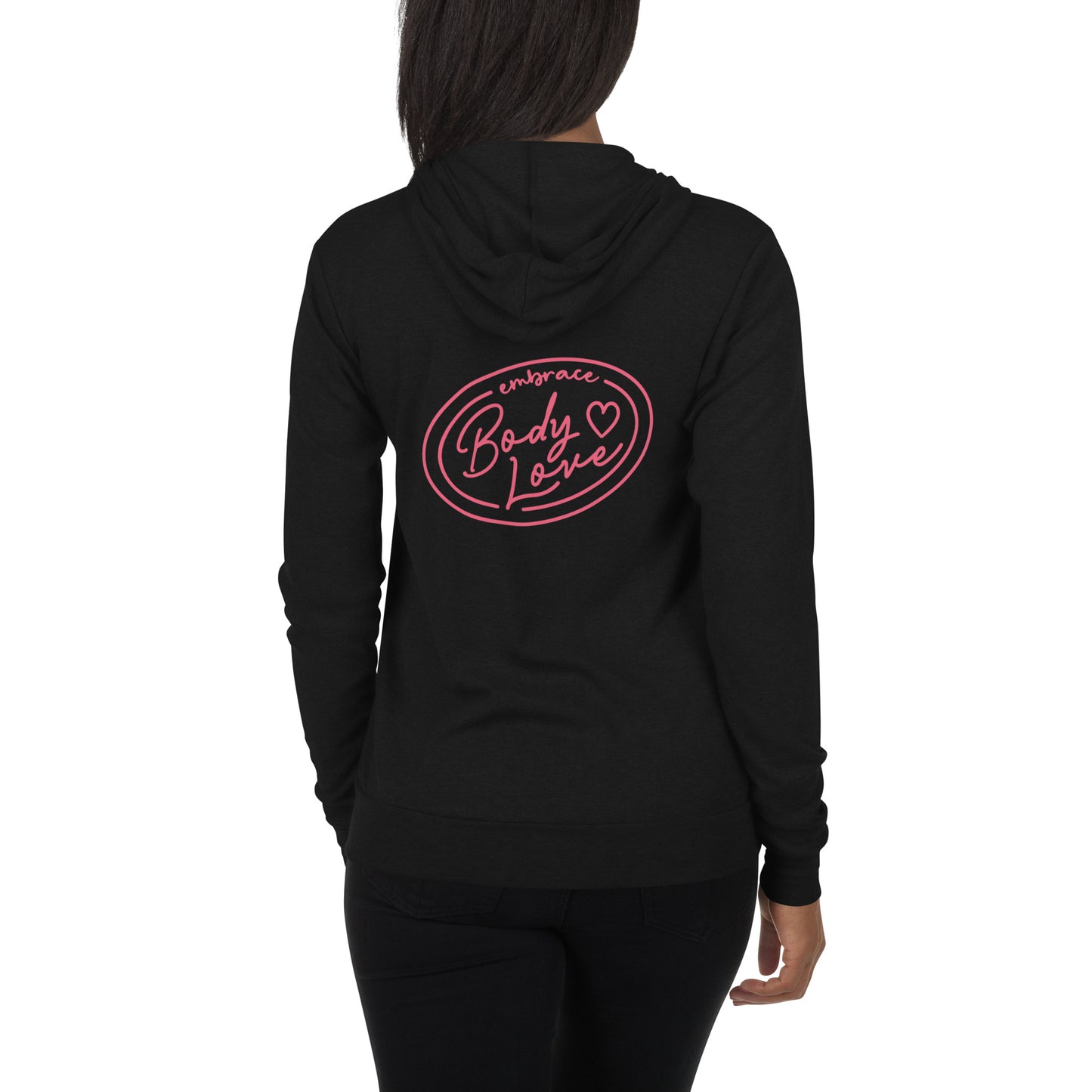Embrace Body Love Logo, Lightweight Zip Hoodie- Genderless, Pink Logo