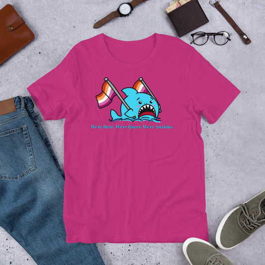 "We're Here..." Anxious Shark with Lesbian Pride Flag, Genderless Tshirt