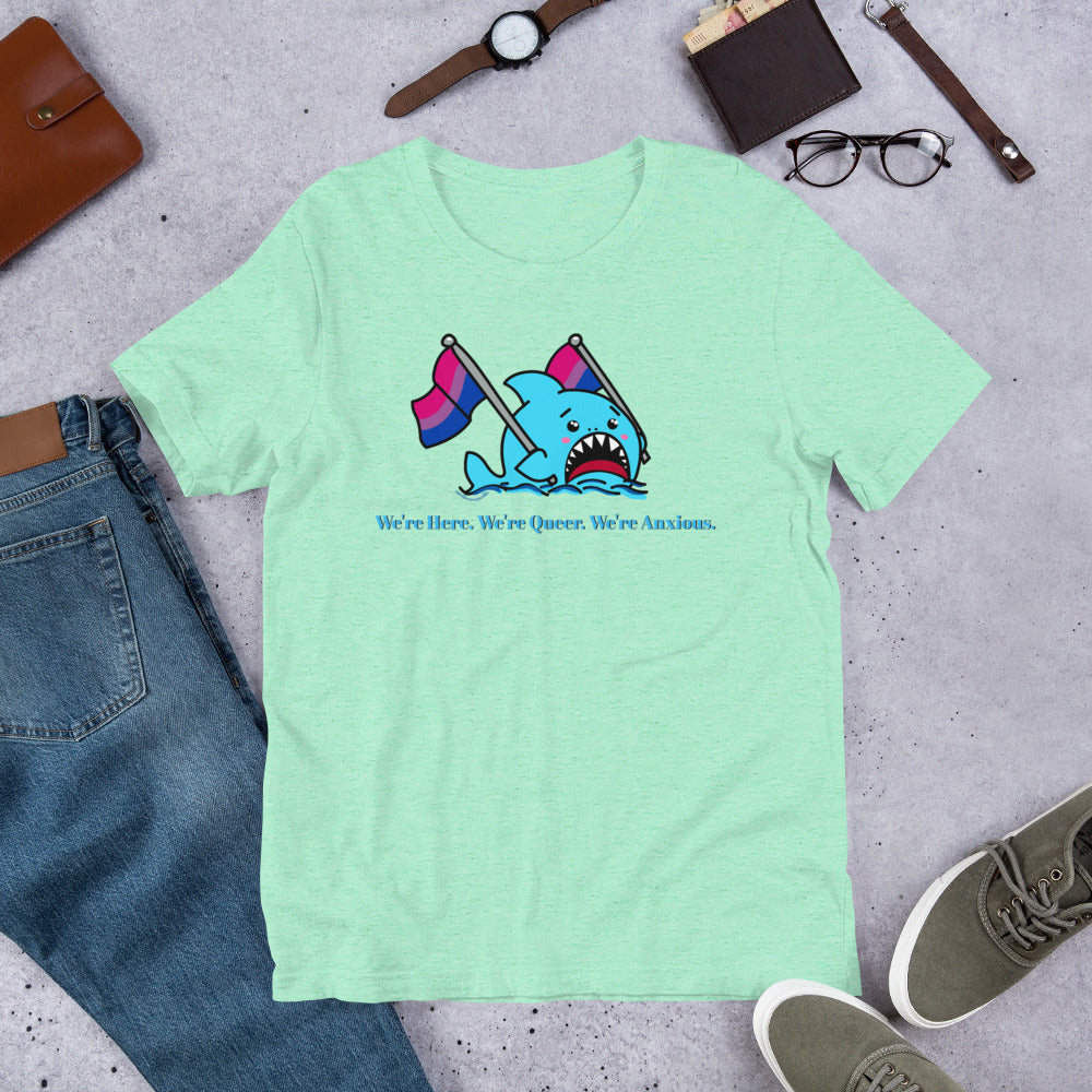 "We're Here..." Anxious Shark with Bi Pride Flag, Genderless Tshirt