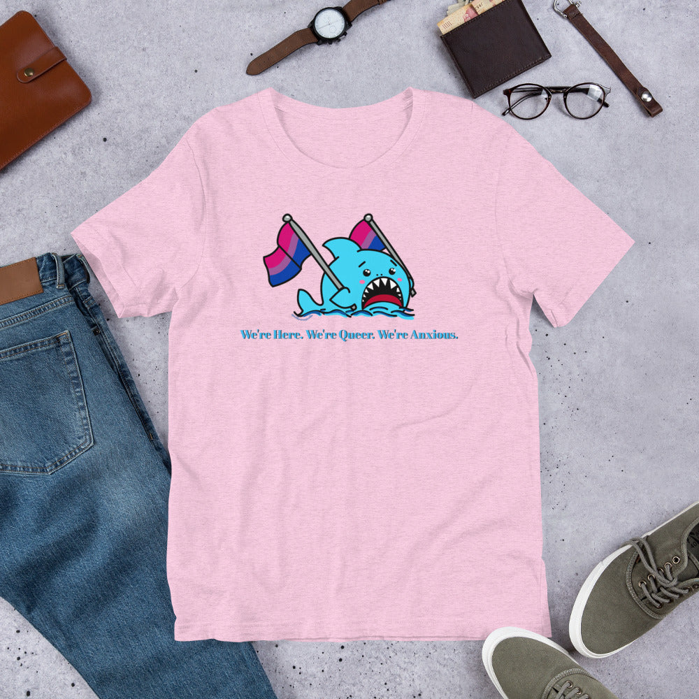 "We're Here..." Anxious Shark with Bi Pride Flag, Genderless Tshirt