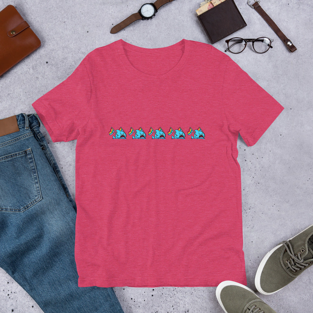 Anxious Shark Celebrates Pride! Genderless T-shirt (classic rainbow parade)