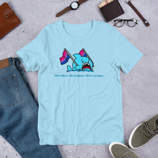 "We're Here..." Anxious Shark with Bi Pride Flag, Genderless Tshirt