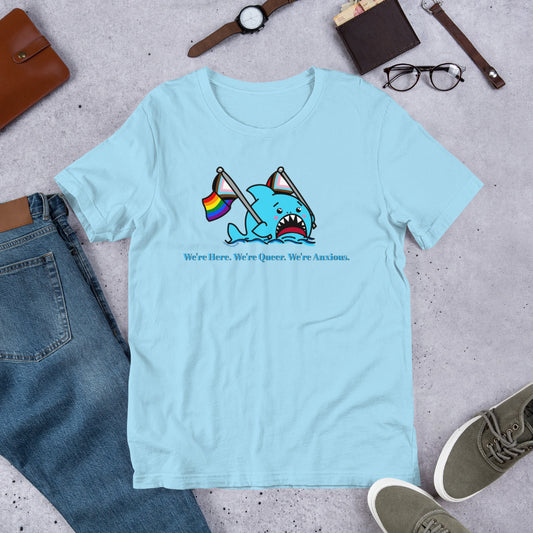 "We're Here..." Anxious Shark with Inclusive Rainbow Pride Flag, Genderless Tshirt