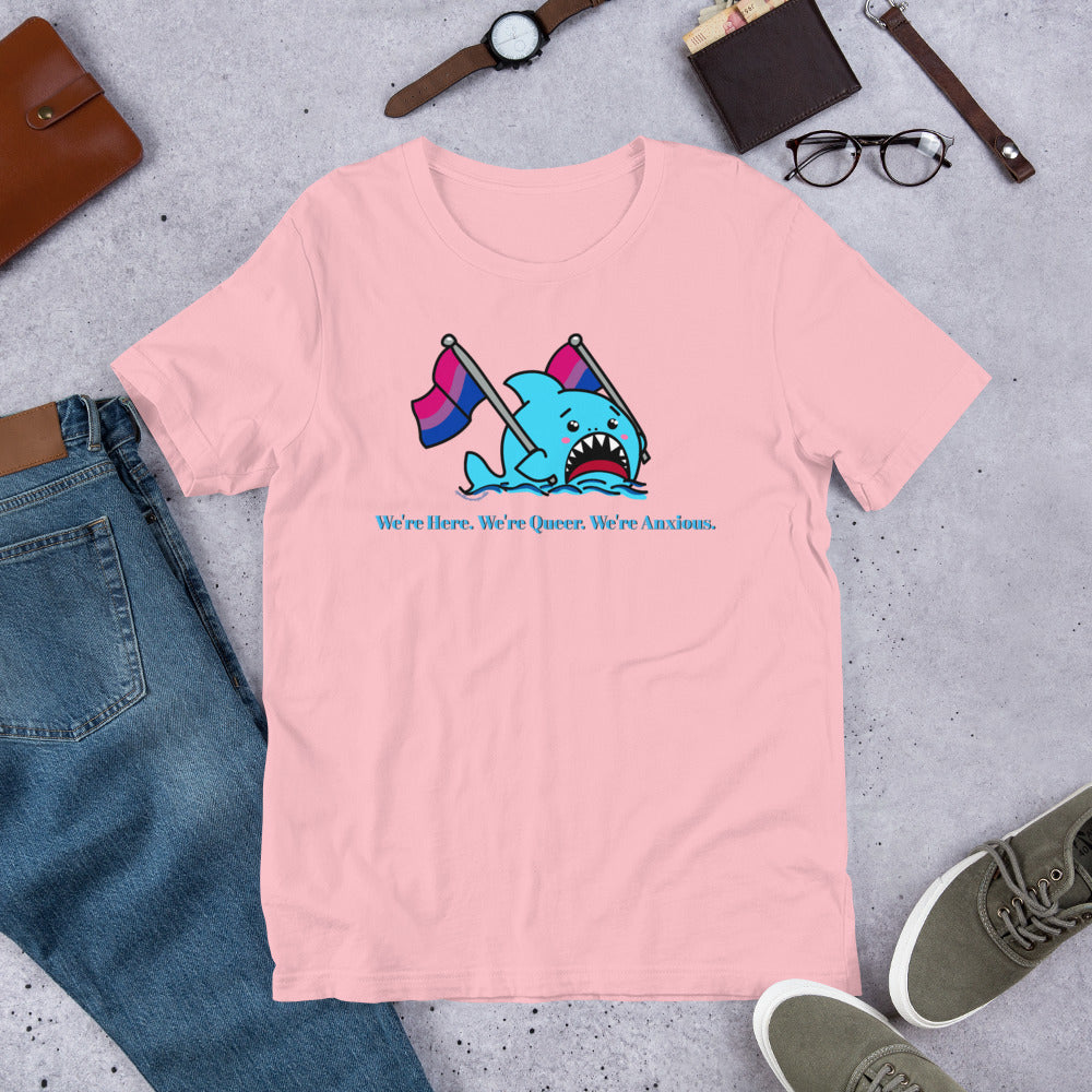 "We're Here..." Anxious Shark with Bi Pride Flag, Genderless Tshirt