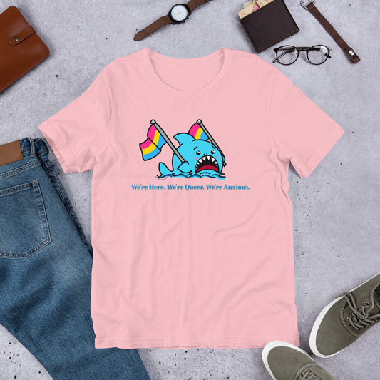 "We're Here..." Anxious Shark with Pan Pride Flag, Genderless Tshirt