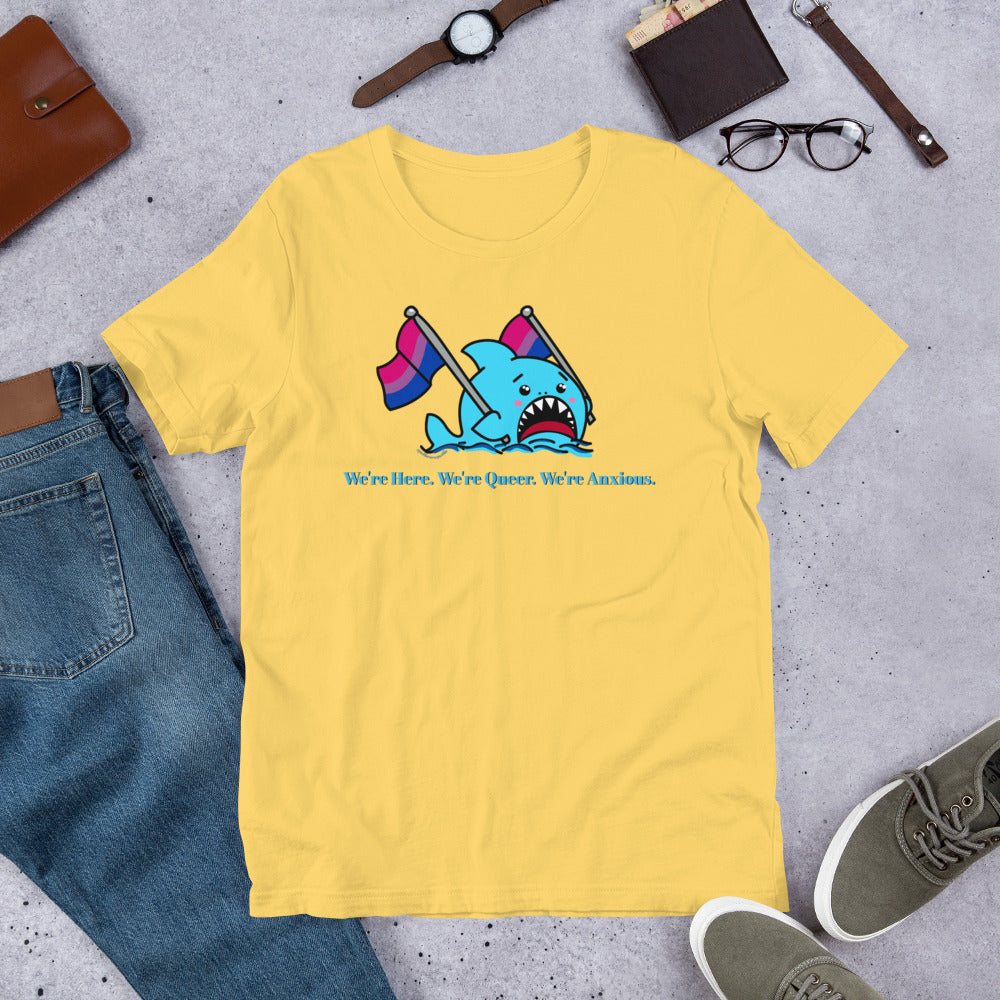 "We're Here..." Anxious Shark with Bi Pride Flag, Genderless Tshirt