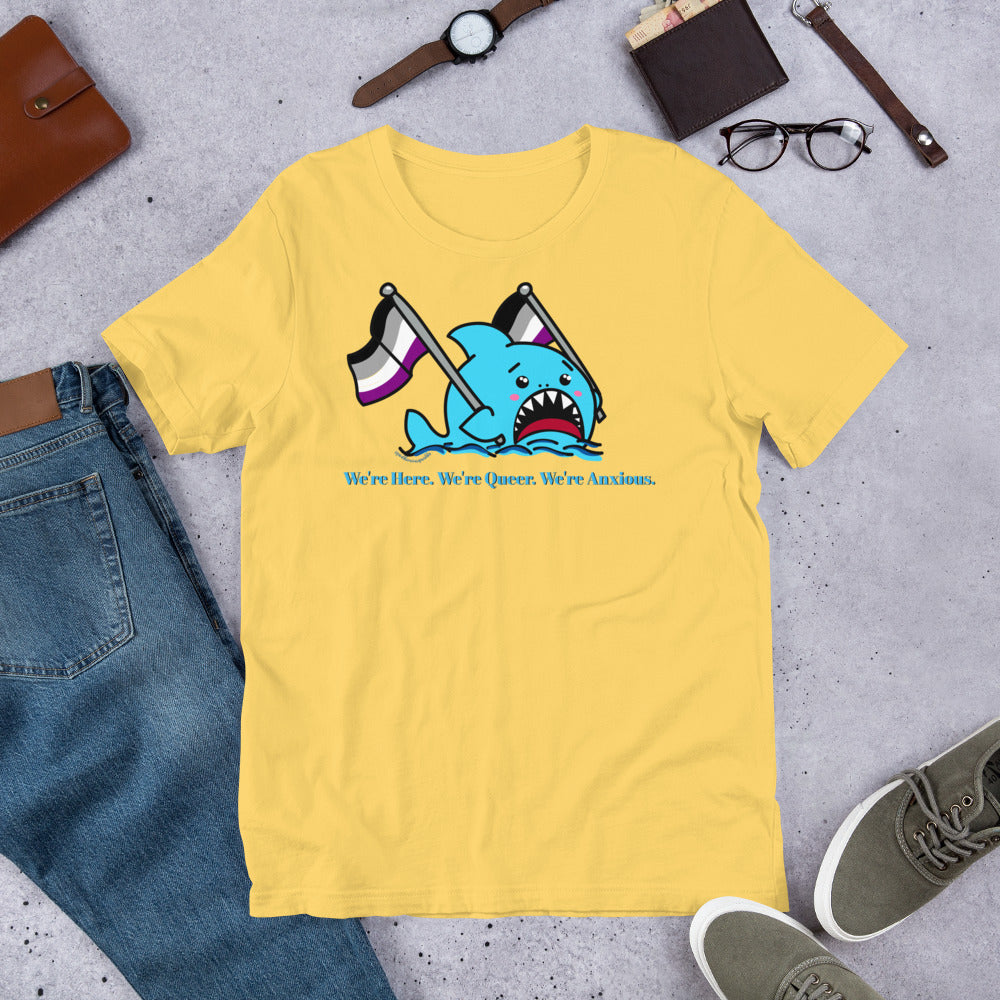 "We're Here..." Anxious Shark with Asexual/Ace Pride Flag, Genderless Tshirt