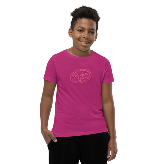 Embrace Body Love Logo- Genderless Youth Short Sleeve T-Shirt (pink logo)