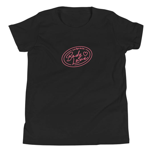 Embrace Body Love Logo- Genderless Youth Short Sleeve T-Shirt (pink logo)