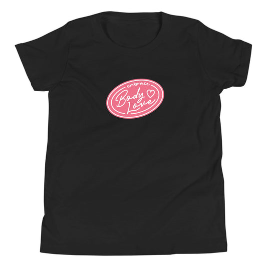 Embrace Body Love Logo- Genderless Youth Short Sleeve T-Shirt (pink/white logo)