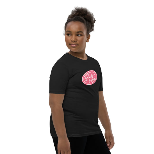 Embrace Body Love Logo- Genderless Youth Short Sleeve T-Shirt (pink/white logo)