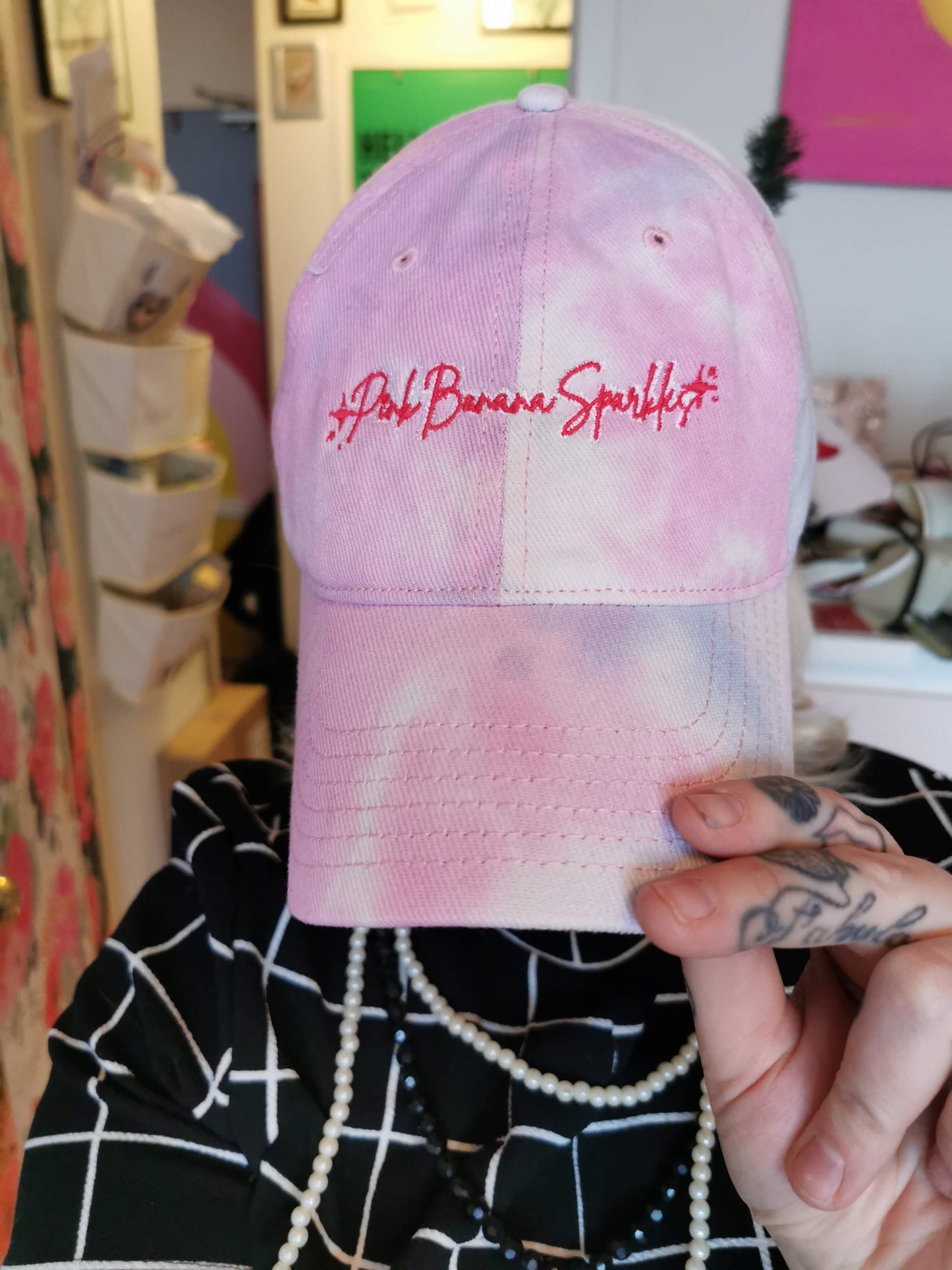 Pink Banana Sparkles- Embroidered Tie dye hat